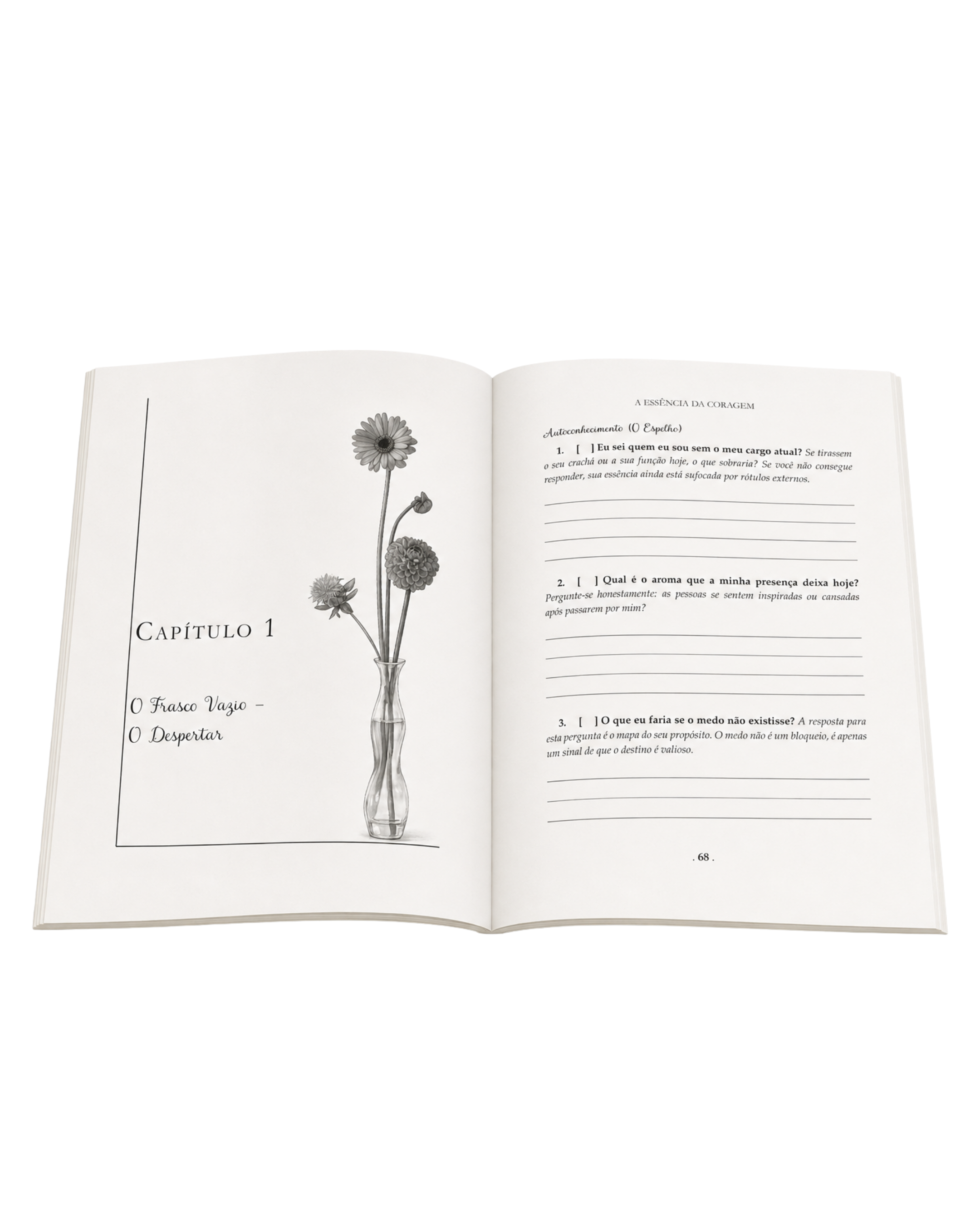 Livro A Essência da Coragem aberto, mostrando o Capítulo 1
